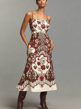 Brown Floral Print Midi Dress with Spaghetti Straps (Reversible)